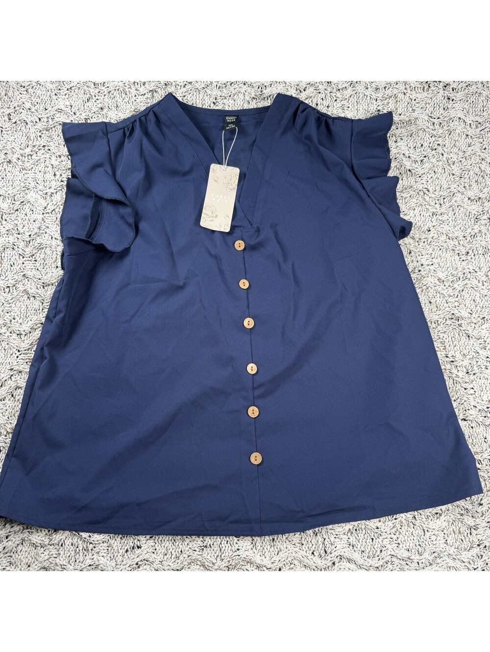Emery Rose Womens Navy/Royal blue Blouse Accent Buttons Ruffle Short Sleeves 0XL